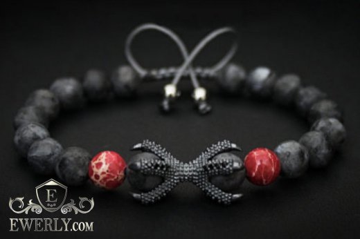 Кам'яний браслет чорний з червоним для чоловіка 123032KQ, фото